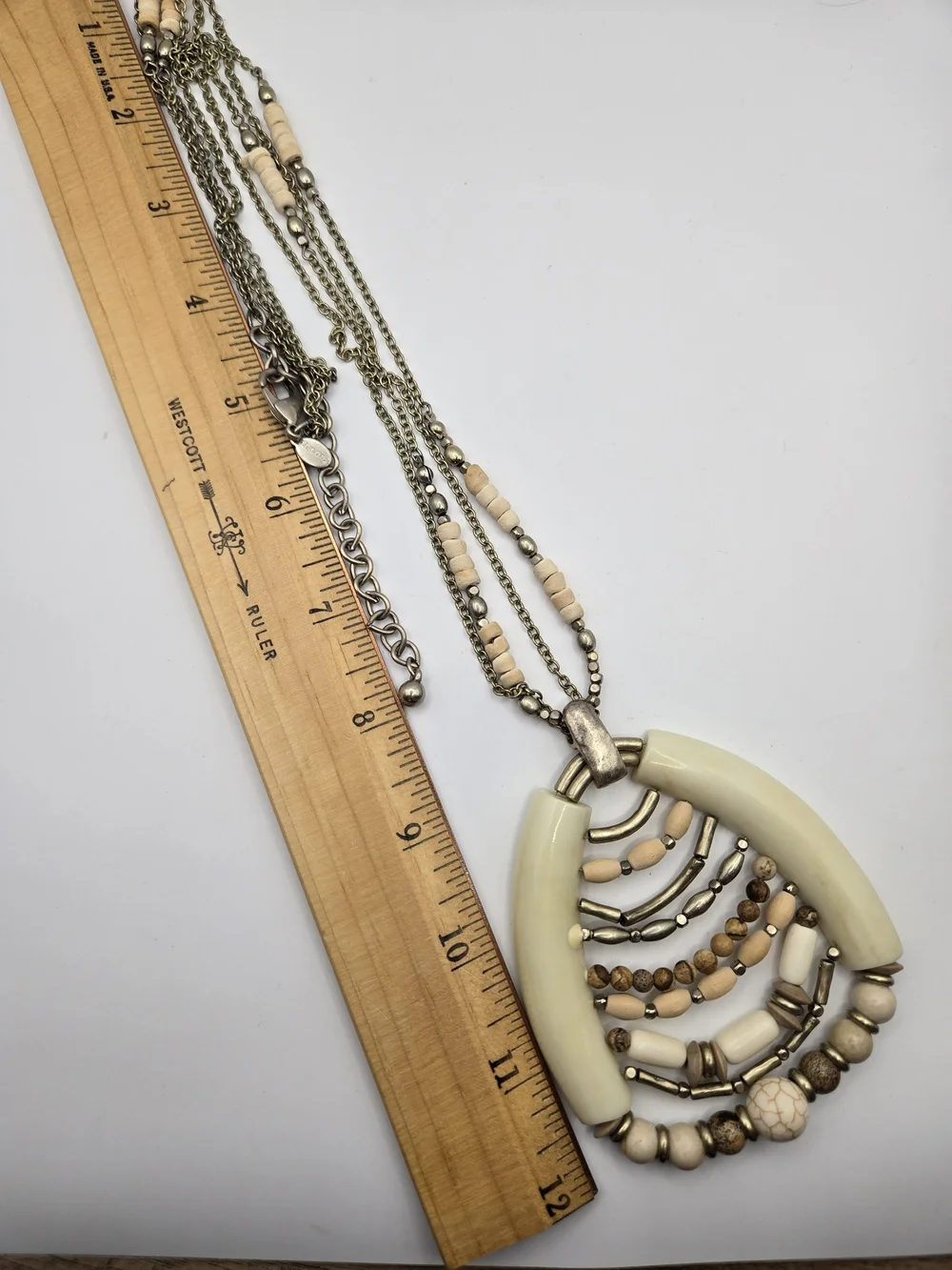 Chico's Long Cream Tan Silver Multi-Bead Pendant Necklace Tribal Ethnic Boho